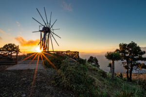 Sunset over a wooden windmill at a clifftop viewpoint, with sun-star, scrub vegetation and dragon trees in the foreground, La Palma.