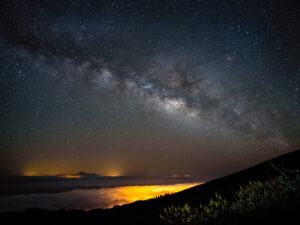 Wide nightscape with the Milky Way arching above silhouetted mountains and a sea of clouds lit by distant town glow, La Palma.